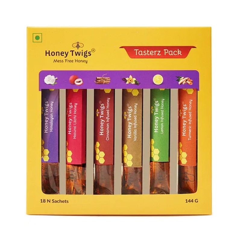 Honey Twigs – Tasterz Pack – Assorted honey pack –  Himalayan, Natural Litchi honey, Cinnamon, Vanilla, Lemon and Turmeric Infused Honey : 6Sachets x 6 flavors | 144 g