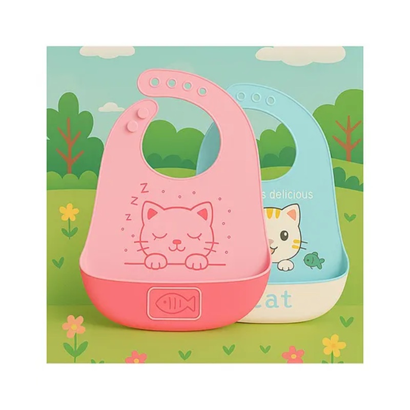 KIDS BASIC Soft Silicone Baby Bib with Food Pocket , Waterproof & Adjustable – Dark Pink & Blue Kitty (Pack of 2)