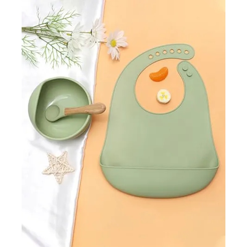 Kids Station 3 Piece Easy to Carry Silicone Baby Feeding Set – Baby Bib – Spoon and Bowl – Make Mealtime Fun – Promotes Baby Self-Feeding – Microwave Safe – Unbreakable Eco-Friendly – Green