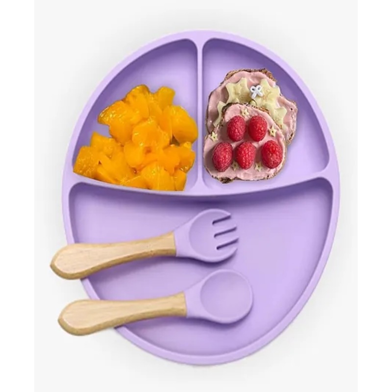 Kids Station Feeding Set  3 Piece Set (Plate, Spoon, Fork)  Baby Feeding Essentials  Purple