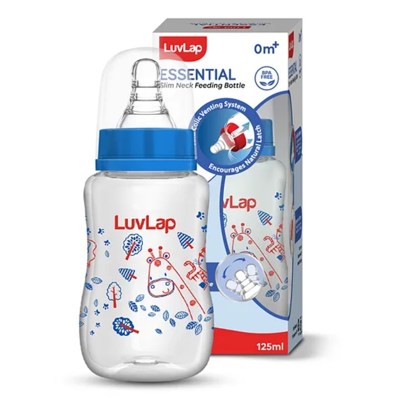 LuvLap Anti-Colic Slim Regular Neck Essential BPA-Free Baby Feeding Bottle, 125ml, Blue