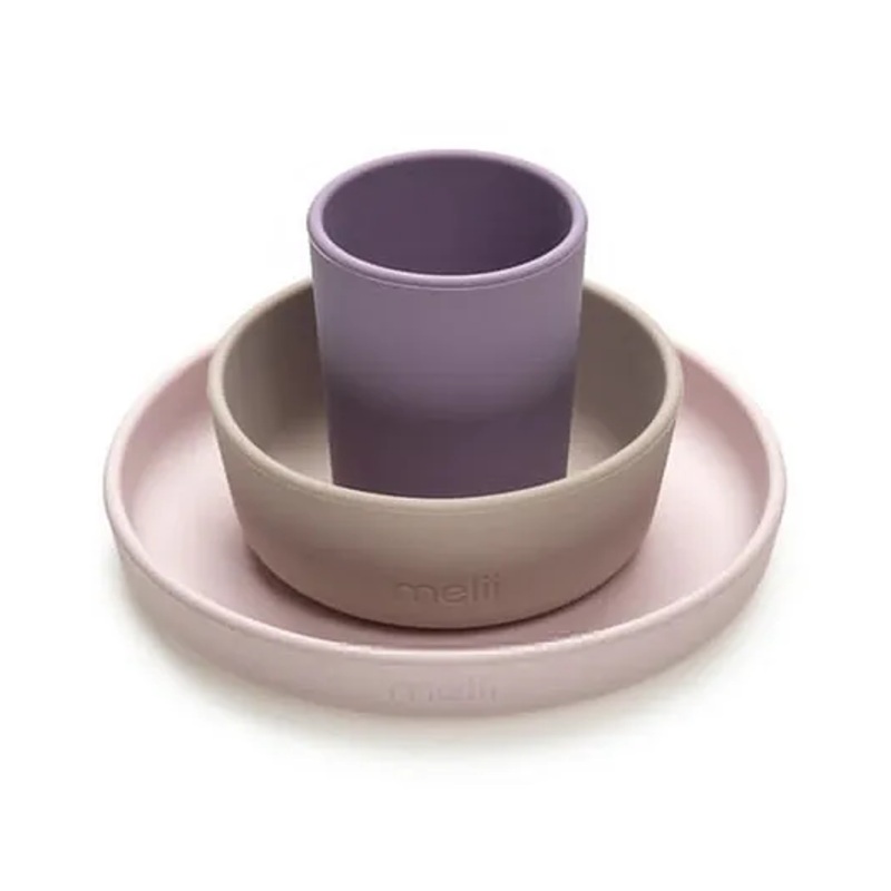 Melii 3 Piece Silicone Feeding Set  Purple, grey, pink