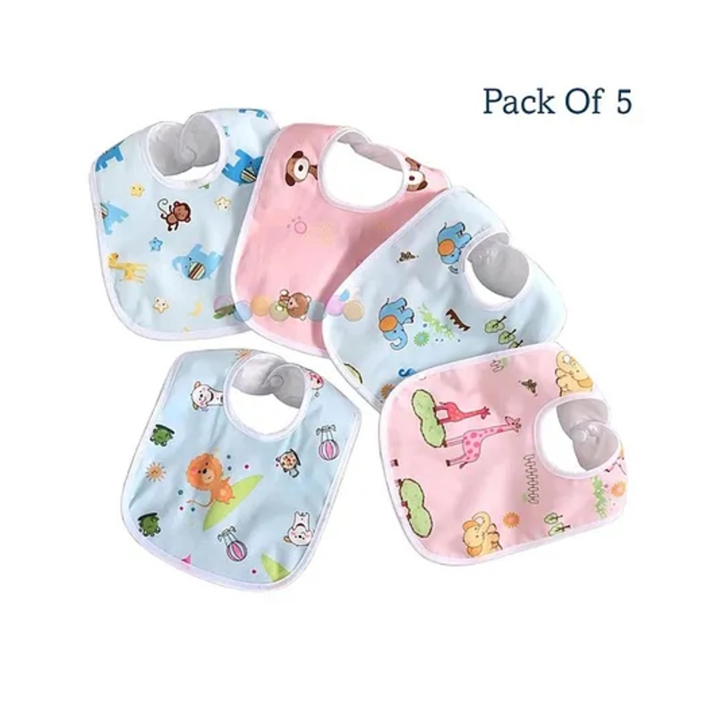 Mihar Essentials Waterproof Feeding Bibs with Snap Button Closure Animal Print Pack of 5- Multicolour (Print May Vary)