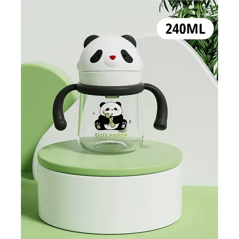 Panda Print Tritan Weighted Straw Sipper Bottle 240 ml- Black & White| BPA-Free| Soft Silicone Straw| 360 Drinking| Twin Handles| Spill-Proof Lid| Training Cup for Boys & Girls