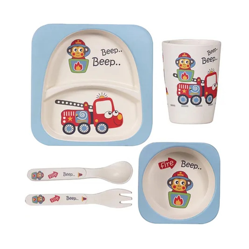 Polka Tots Eco-Friendly 5-Piece Bamboo Fiber Feeding Set For Babies, Toddlers, & Kids Includes Plate, Bowl, Glass, Spoon, Fork  Fire Elephant Design | Kids Tableware & Crockery Set