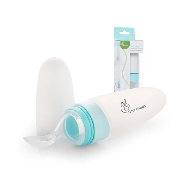R for Rabbit First Feed Food Feeder with 90ml Capacity for 4M+ Baby, Premium Soft Silicone Food Grade BPA Free for Cereals, Infant, Kids (Blue)