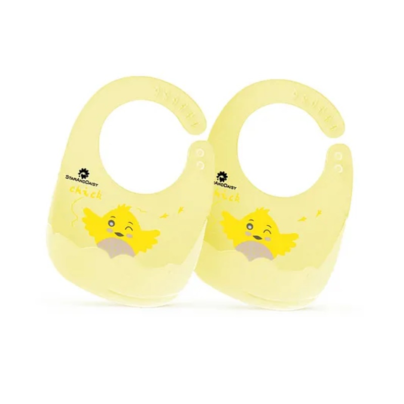 StarAndDaisy Reusable Silicone Baby Bib with Adjustable Buttons for Mess-Free Feeding, Weaning, and Easy Cleaning and Waterproof. (PACK OF 2-PRINTED YELLOW)