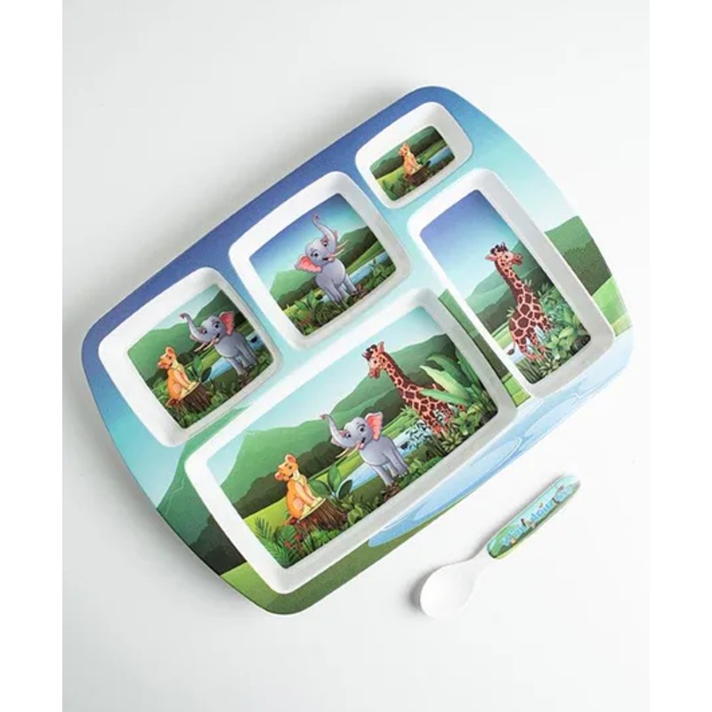 Superware Melamine Kids 5 Section plate with spoon – Wild Animal ( Set of 2 )