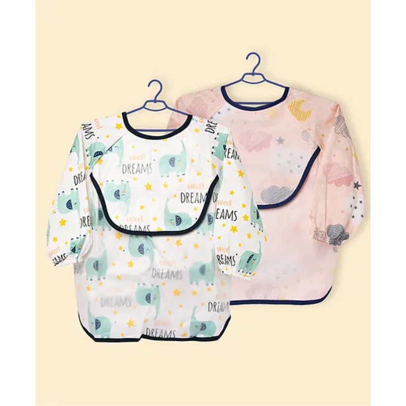 The Little Lookers Baby Bibs with Pocket I Long Sleeved Bib for Toddlers, Kids I Washable, Lightweight & Waterproof, Bibs for 6-24 Months Baby – Print May Very (peach & Green)