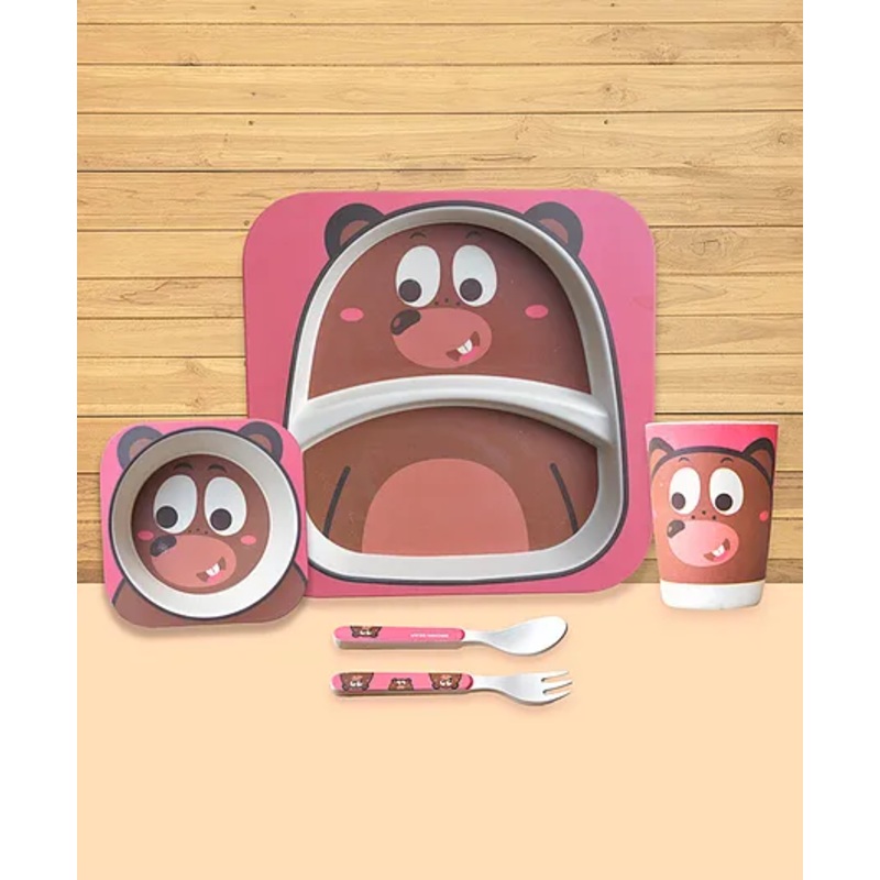 THE LITTLE LOOKERS Eco Friendly Bamboo Fibre 5 Pcs Kids Dining Set Bear Print – 5 Pieces