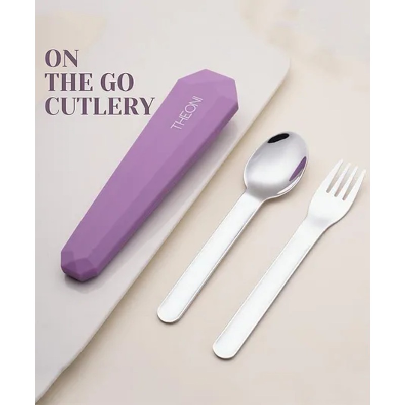 Theoni On-the-Go Stainless Steel Cutlery Set for Kids BPA Free, Dishwasher Safe Travel Spoon & Fork with Silicone Case Purple