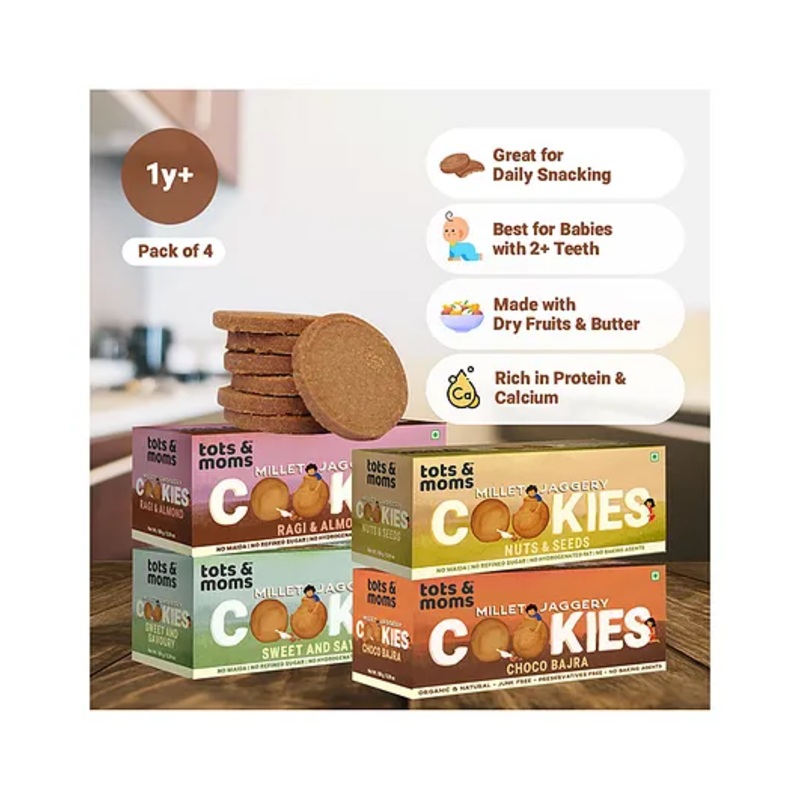 Tots & Moms Foods | Box of 4 Cookies |Nuts & Seeds |Sweet & Savory |Ragi & Almonds |Choco Bajra | 150g Each