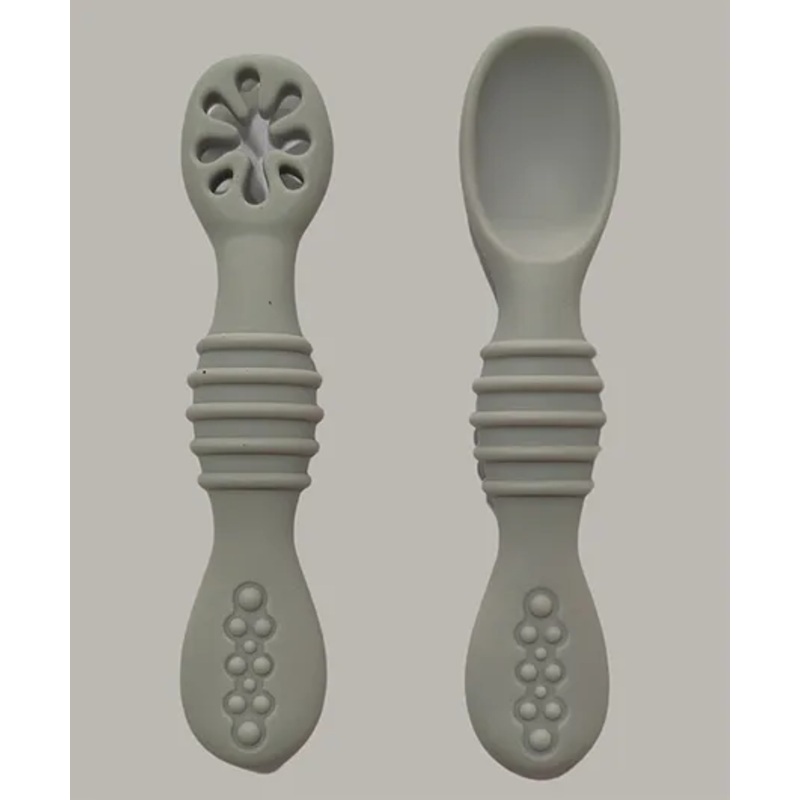 Zikku First Stage Self-Feeding Training Spoons, BPA Free, Gum Friendly 6M+, Led Weaning Silicone Spoons, Set of 2-Grey