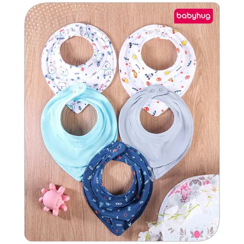 Babyhug Drool Bibs Cat & Space Theme Printed Pack of 5 – Multicolor