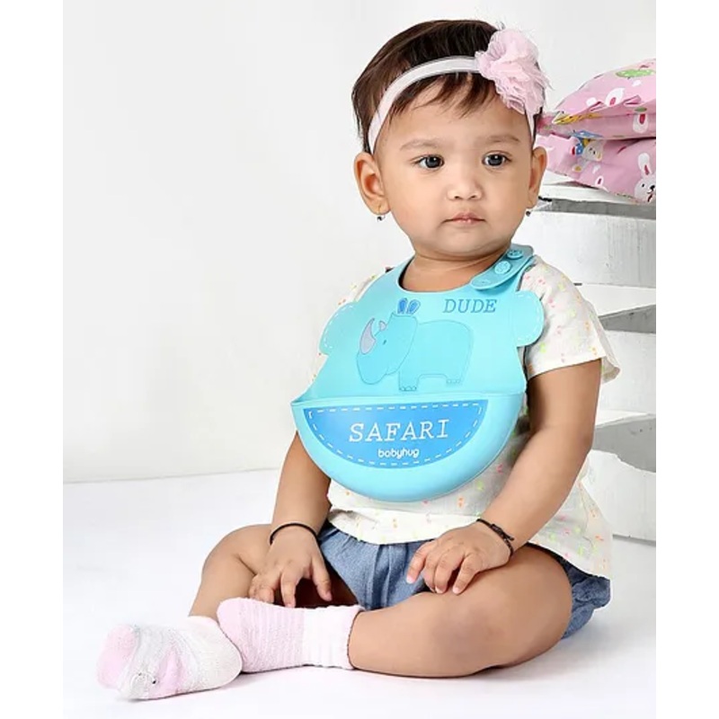 Babyhug Silicone Bib Rhino Print – Sky Blue