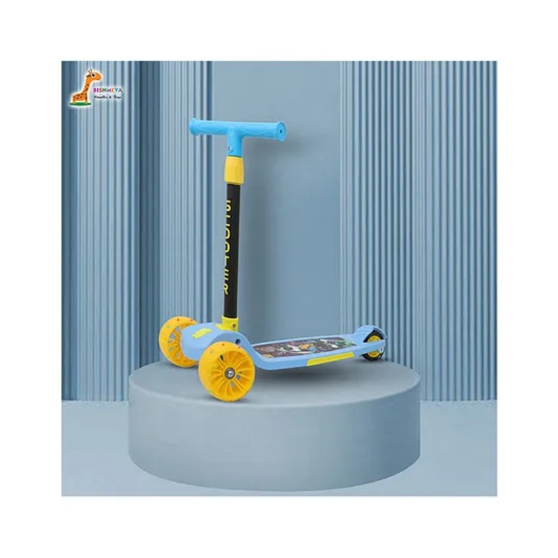 Bishmeva Scooter with Adjustable Height, Lean-to-Steer, LED Light-Up Wheels, Boys & Girls (Blue)