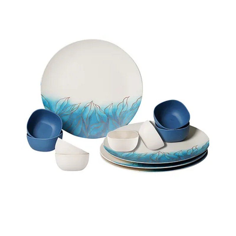 Earthism Eco-Friendly Azure Theme Bamboo Fibre 4 Dinner Plates and 8 Bowls Pack of 12 – Beige Blue