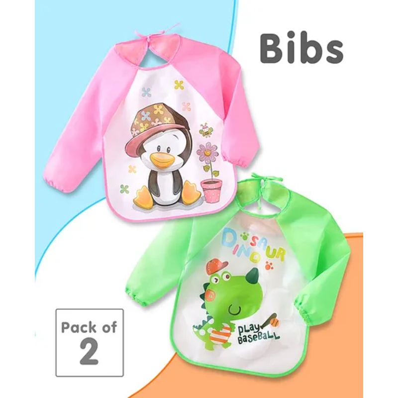 Full Sleeves Washable Waterproof Printed Apron Wearable Bibs-Pack Of 2- Pink & Green