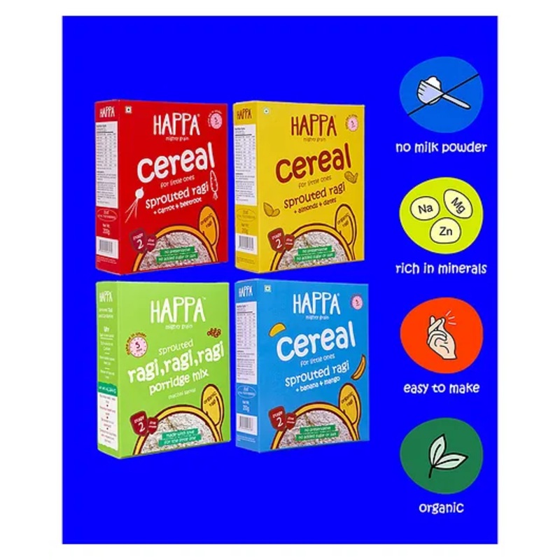 Happa Organic Sprouted Ragi Baby Porridge, Gluten-Free & Vegan, No Preservatives, BPA Free Pack, 6+ Months – 800g Total