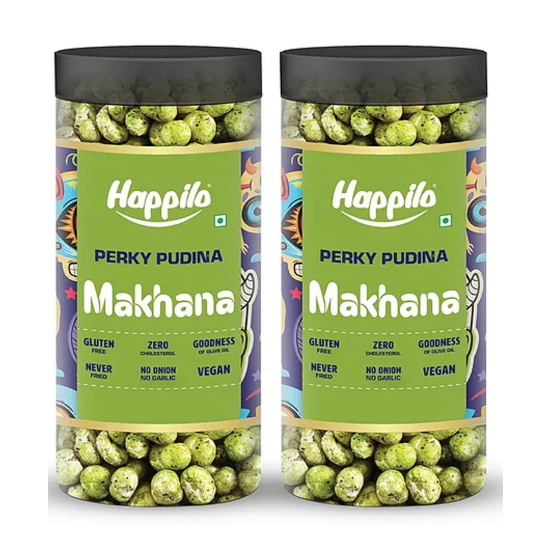 Happilo Makhana Perky Pudina Jar Roasted Foxnut Healthy Snack Low Calorie Gluten Free and Vegan- 80g (Pack of 2)