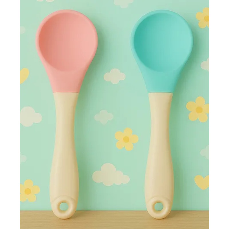 KIDS BASIC Silicone Spoon With Plastic Handle, BPA Free Spoon For Baby, Infants – Pink & Green (Pack of 2)