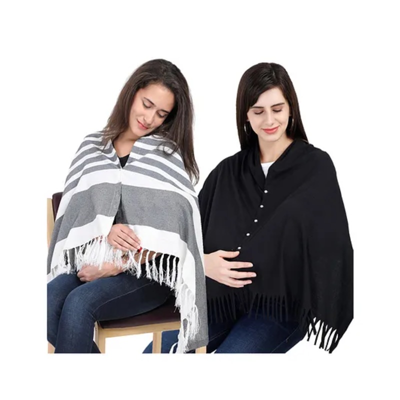 Lulamom Multi-Purpose Breast Feeding Nursing Shawl – Pack of 2 (Navy stripes & Black solid)