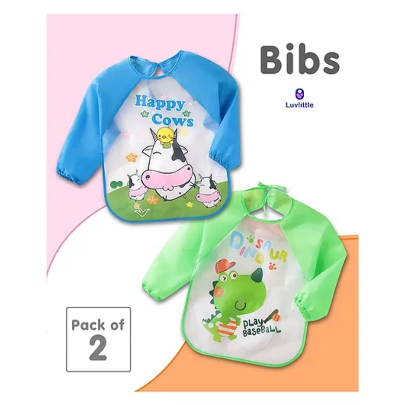 Luvlittle Full Sleeves Washable PVC Waterproof Bibs Pack Of 2 – Green Blue (Print May Vary)