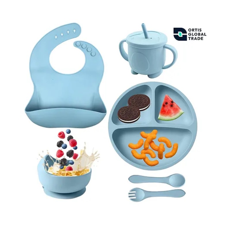 Ortis 6 Pcs Silicone Baby Feeding Set, BPA Free & Microwave Safe Dinner Tableware Kit – Feeding Bowl, Suction Plate, Cup, Spoon, Fork & Bib for Kids (blue)