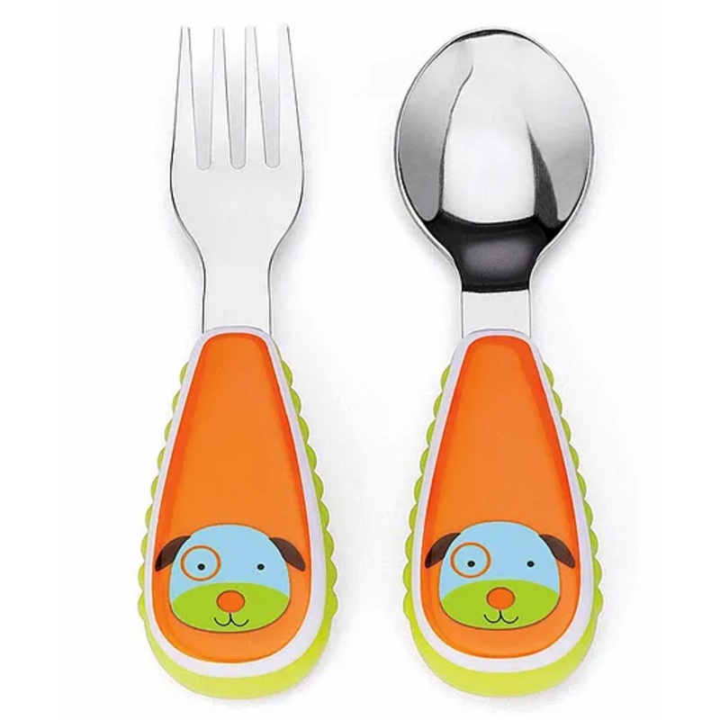 Skip Hop Stainless Steel Fork & Spoon Set Puppy Print – Orange