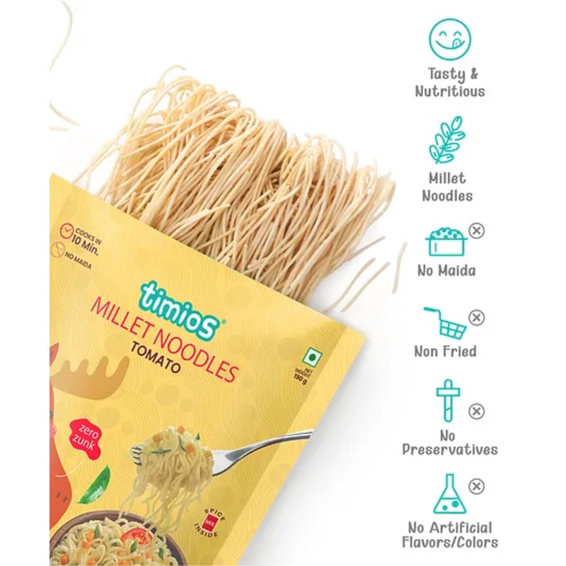 Timios No-Maida Millet Tomato Flavored Instant Noodles | Not Fried | No MSG | No Preservatives | No Artificial Colors & Flavors | No Trans Fat & Cholesterol | Vegetarian | 190 g