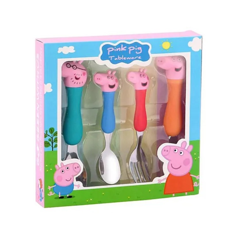 VGRASSP Stainless Steel Pink Pig Family Spoon & Fork Set Multicolor – Pack of 4