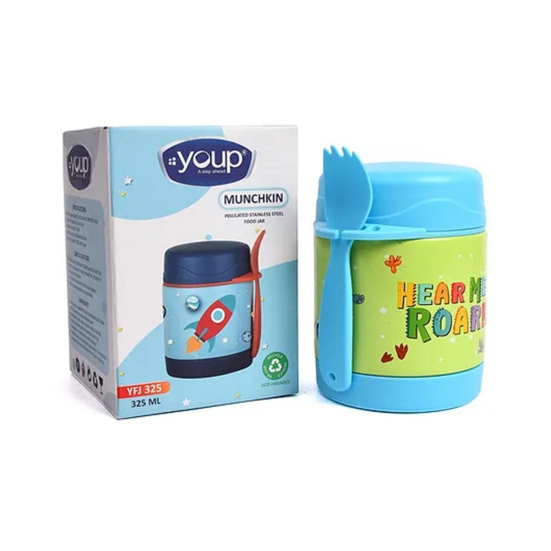 Youp Stainless Steel Insulated Blue Color Food Jar With Fork Green – 325 ml