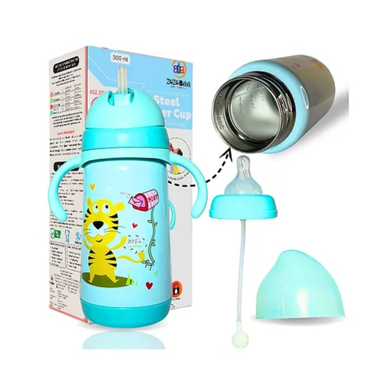 ZoZoBaa 2 in 1 Double Walled Vacuum SS304 Steel Baby Sipper, Heat Protective, Leakproof, Odourless,BPA Free|Thermosteel Insulated Bottle with Nipple, Weighted Straw, Handle, 300 ml, Blue