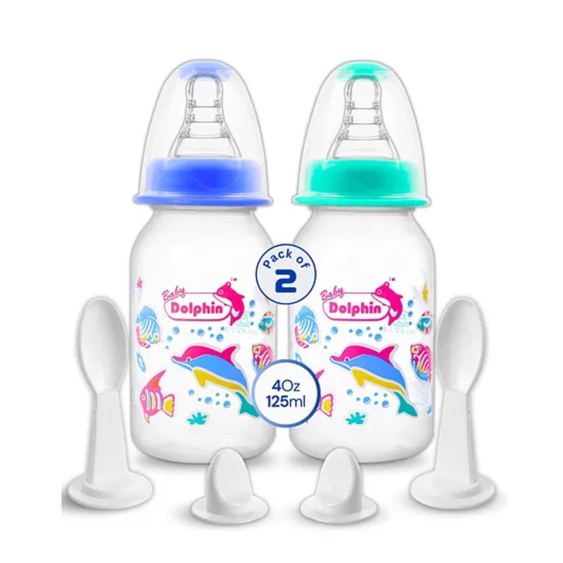Baby Dolphin Anti-Colic 2 in 1 Spoon Feeding Bottle, BPA Free, Contains Spoon- 125ml, Blue & Green (Pack of 2)