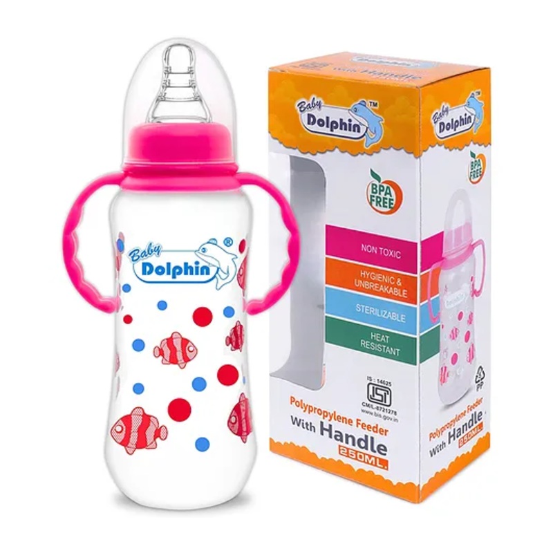 Baby Dolphin Anti-Colic Plastic Feeding Bottle 250ml with Handle| Liquid Silicone Nipple | BPA Free | Anti-Colic | Handle Feeding Bottle | Baby Milk Bottle |Pink.