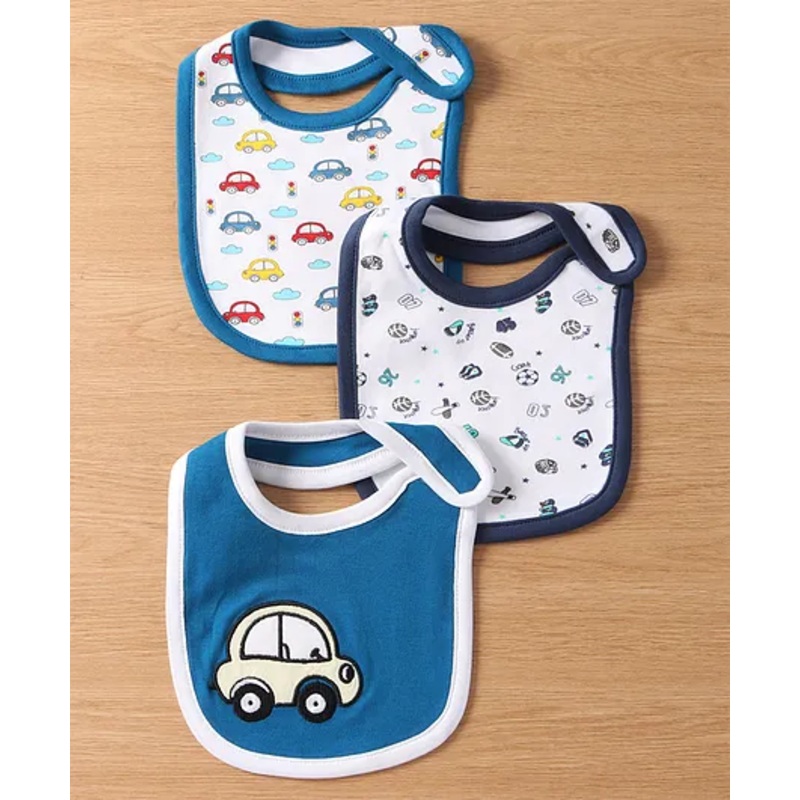Babyhug Interlock Cotton Bibs Car Print Pack of 3 -Dark Blue