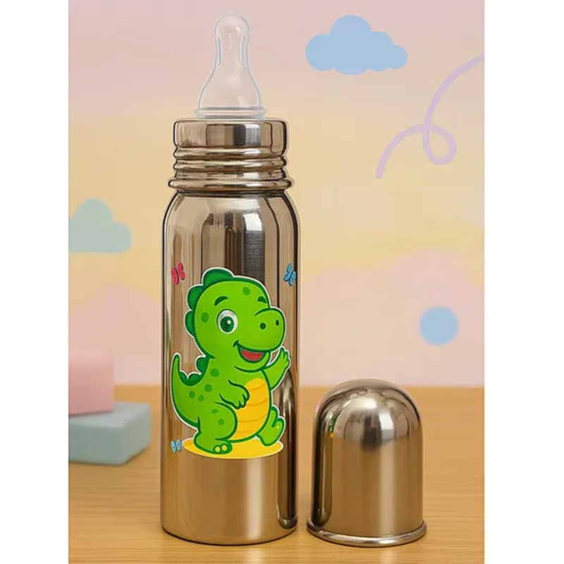 Badal Kidz Baby Feeding Bottle, Steel Body with Nipple & Cap 250 ml (Dinosaur Design)