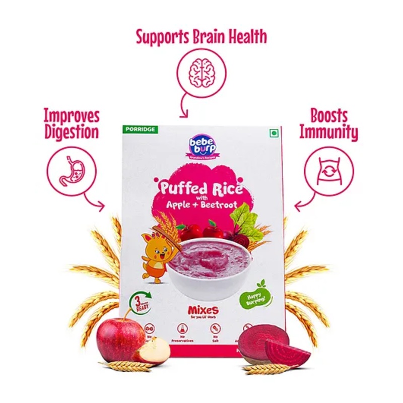 Bebe Burp Organic Puffed Rice Apple Beetroot Porridge – Easy Mix Baby Food, No Preservatives, 6M+ – 200g