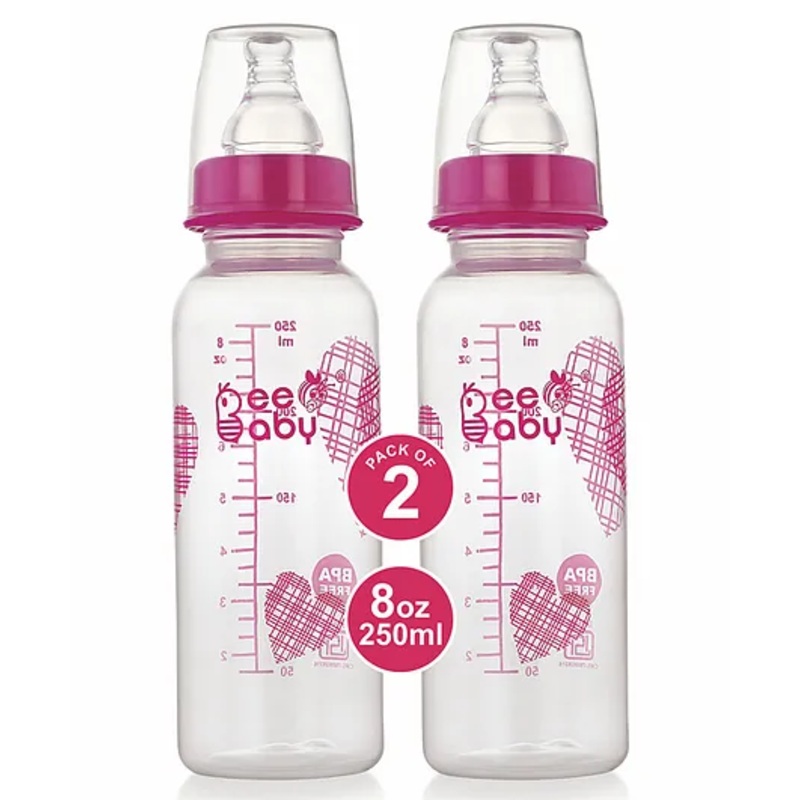 BeeBaby Slim Neck Baby Feeding Bottle With Anti Colic Nipple Pack Of 2 Pink – 250 ml Each