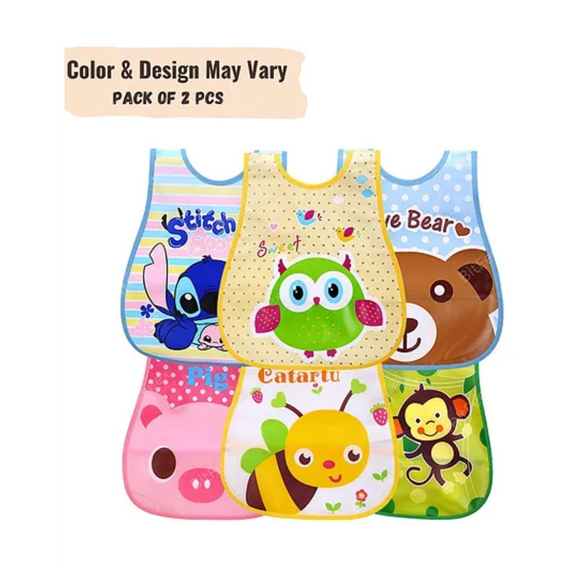 BitFeex Plastic Bib Children’s Waterproof Bibs Quick Dry Sleeveless Printed Bibs Apron with Adjustable Closure Set of 2 (Color & Design May Vary)
