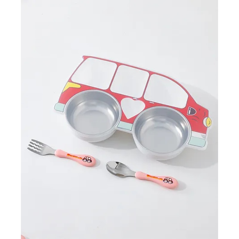 Car Shaped  Section Plate with Fork & Spoon – Red