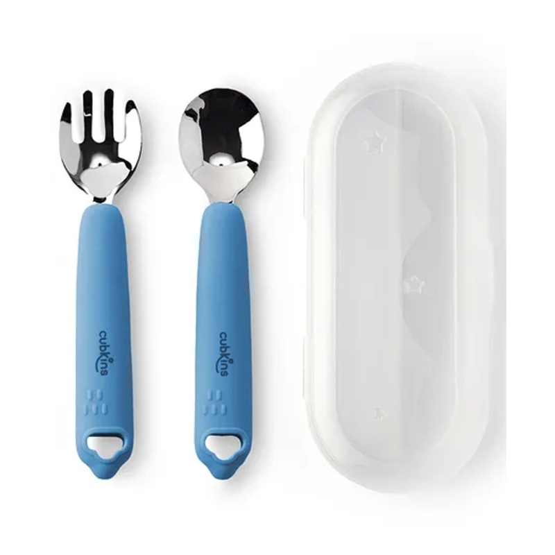 CUBKINS Spoon & Fork Set with Travel Box for Children with Stainless Steel Head & Silicone Handles | No Sharp Edges | BPA Free, Food Grade, FDA Approved | Washable & Reusable (Blue Olive)