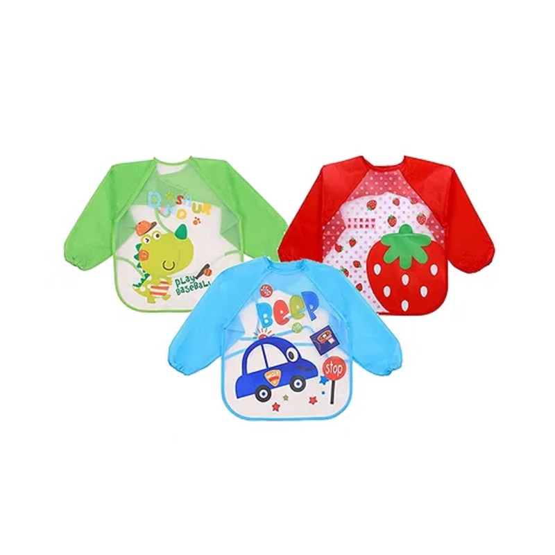 Fantasy India  Long Sleeve Waterproof Cartoon Animals Print Feeding Bibs  Pack of 3 – (Color & Print May Vary)