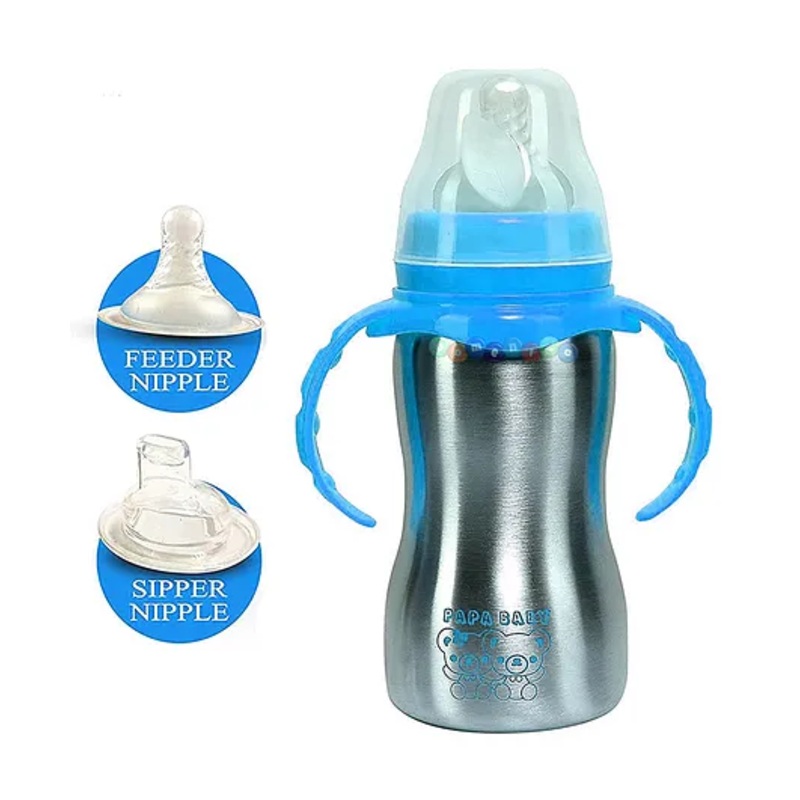 FANTASY INDIA World Baby Feeding Bottle in Stainless Steel rganic Kidz High Grade Stainless Steel 2 in 1 Sipper and Feeding Bottle with Silicone Nipple for Baby (Blue – 290 ml)