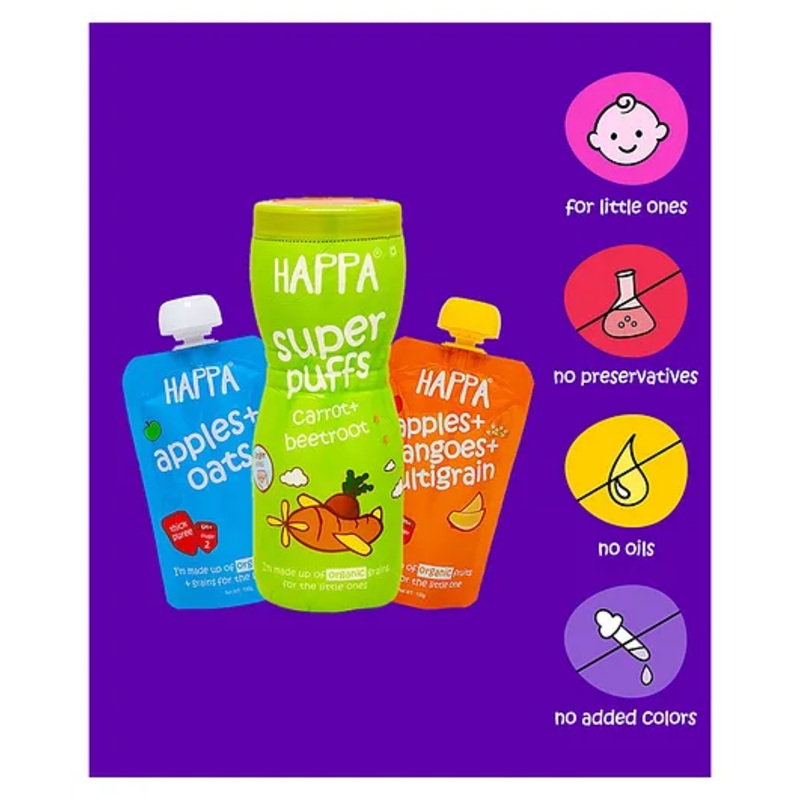 Happa Organic Snack & Puree Combo for Babies – Carrot Beetroot Puffs, Apple Mango & Oats – 3 Pack 100g