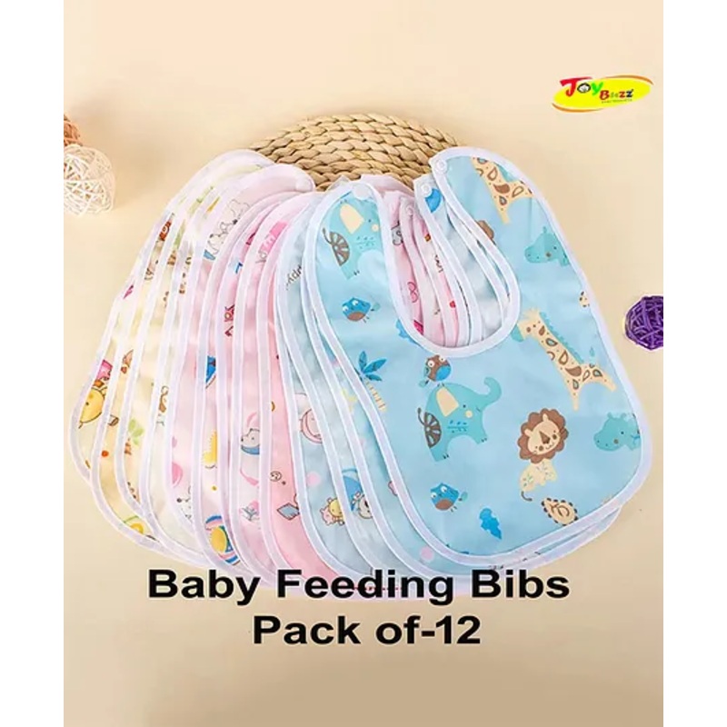 JOY BUZZ Joy Buzz Waterproof Feeding Bibs with Snap Button Closure Printed Pack of 12- Multicolor