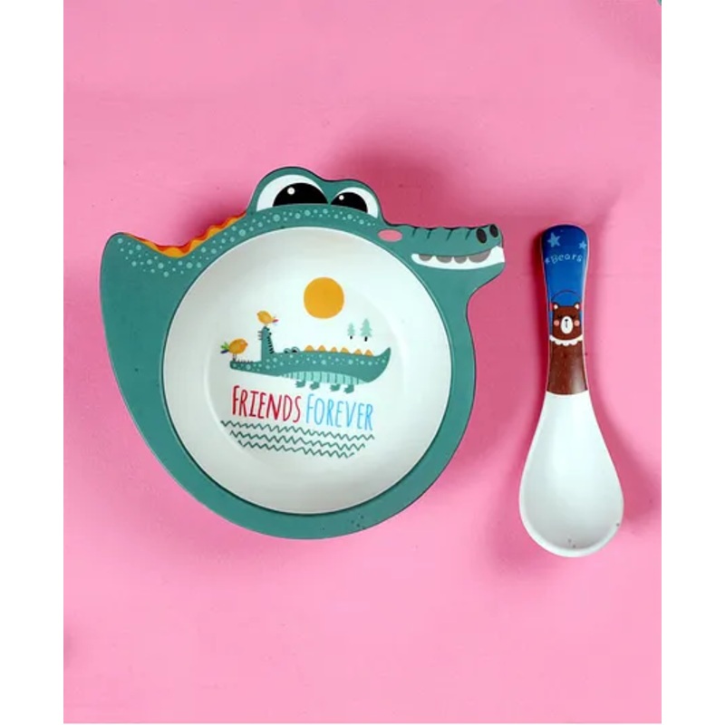 Mihar Essentials Bamboo Fibre Feeding Bowl with Spoon Crocodile Shape (Color & Print May Vary)