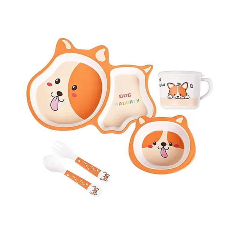 Negocio Bamboo Dinner Set for Kids Eco Friendly Dishwasher Safe Plate Bowl Cup Spoons And Forks Set Unbreakable Baby Feeding Funny Dog Animal Shape Reusable Enjoy Pasta Noodle Bowl Soup Ice Cream