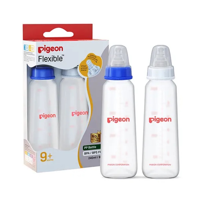 Pigeon Peristaltic Feeding Bottle Nipple Size Large Pack of 2 Blue White – 240 ml each
