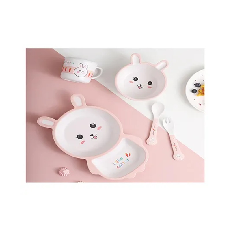 SANISHTH Cartoon Animal Monkey Bamboo Fiber Dinnerware Plate and Bowl Set for Kids Toddler Plate Bowl Cup Spoon Fork Eco Friendly Non Toxic Self Feeding Baby Utensil Set of 5 Pieces – Light Pink
